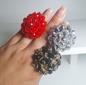 Beaded Floral Ring Trio - Red, Silver, Black
